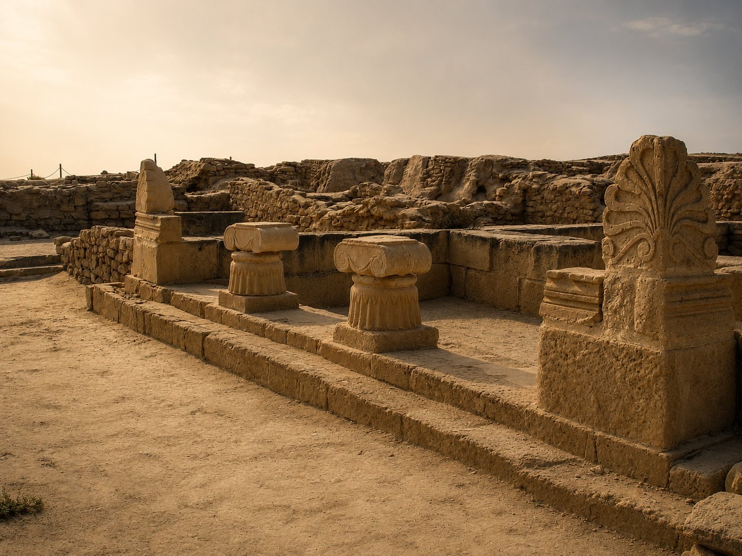 صف من تيجان الأعمدة في المعبد الهلنستي